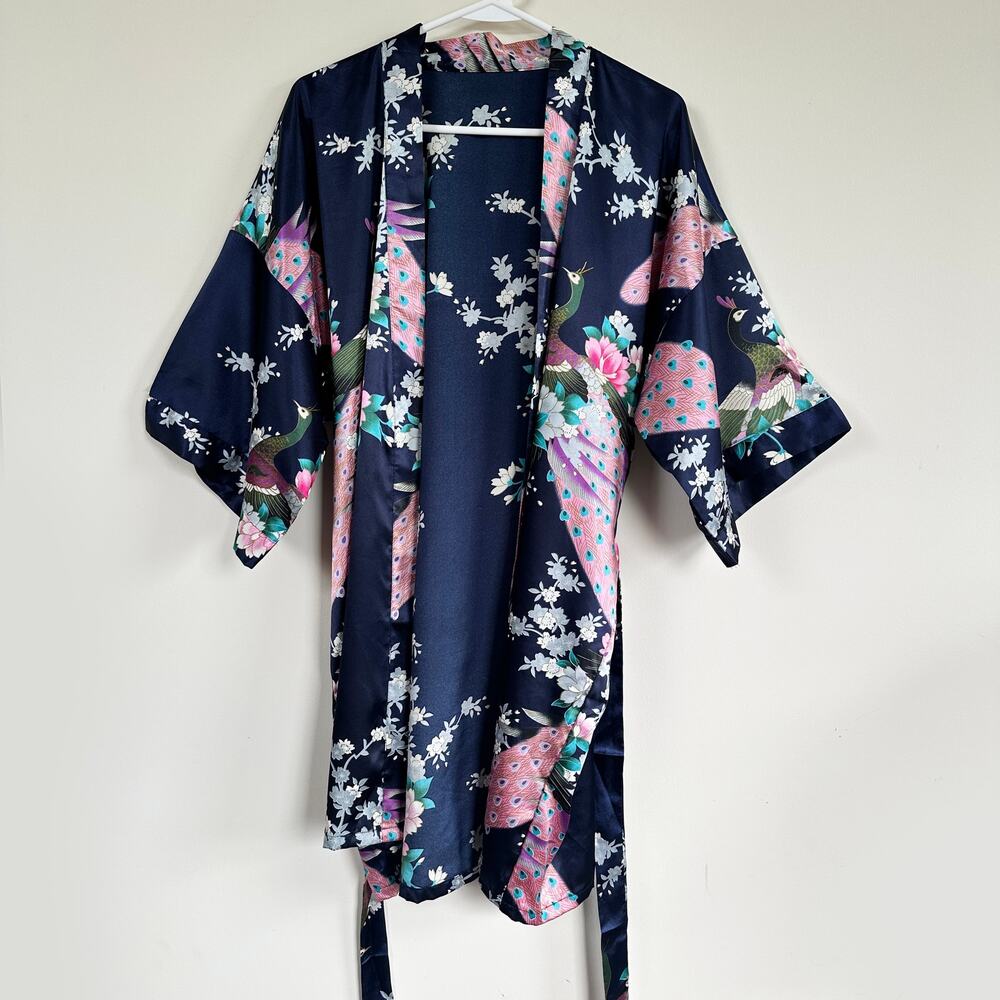 Satin Peacock Floral Short Kimono Robe Sleepwear Cover Up Belted Boho LARGE
